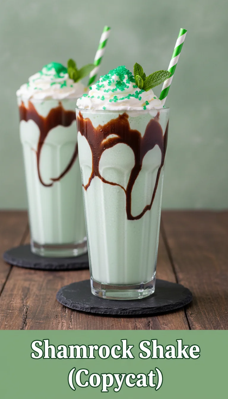 A vertical 9:16 layout. The top 20% is a clean solid header band containing the text 'SHAMROCK SHAKE (COPYCAT)' in a bold, professional font. The remaining 80% is a high-quality, professional hero shot of a minty green Shamrock Shake (Copycat) for St. Patrick's Day.