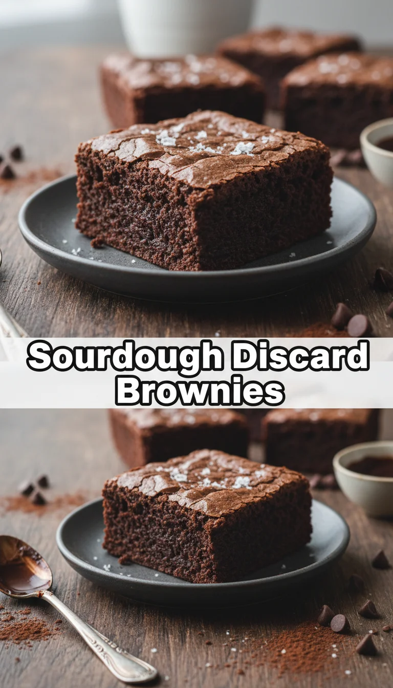 A vertical 9:16 Pinterest pin layout. The top half shows an action shot of preparing chocolate batter for Sourdough Discard Brownies. The bottom half features the plated final fudgy treat. In the center, a white rectangular text box reads 'Sourdough Discard Brownies' in bold font.