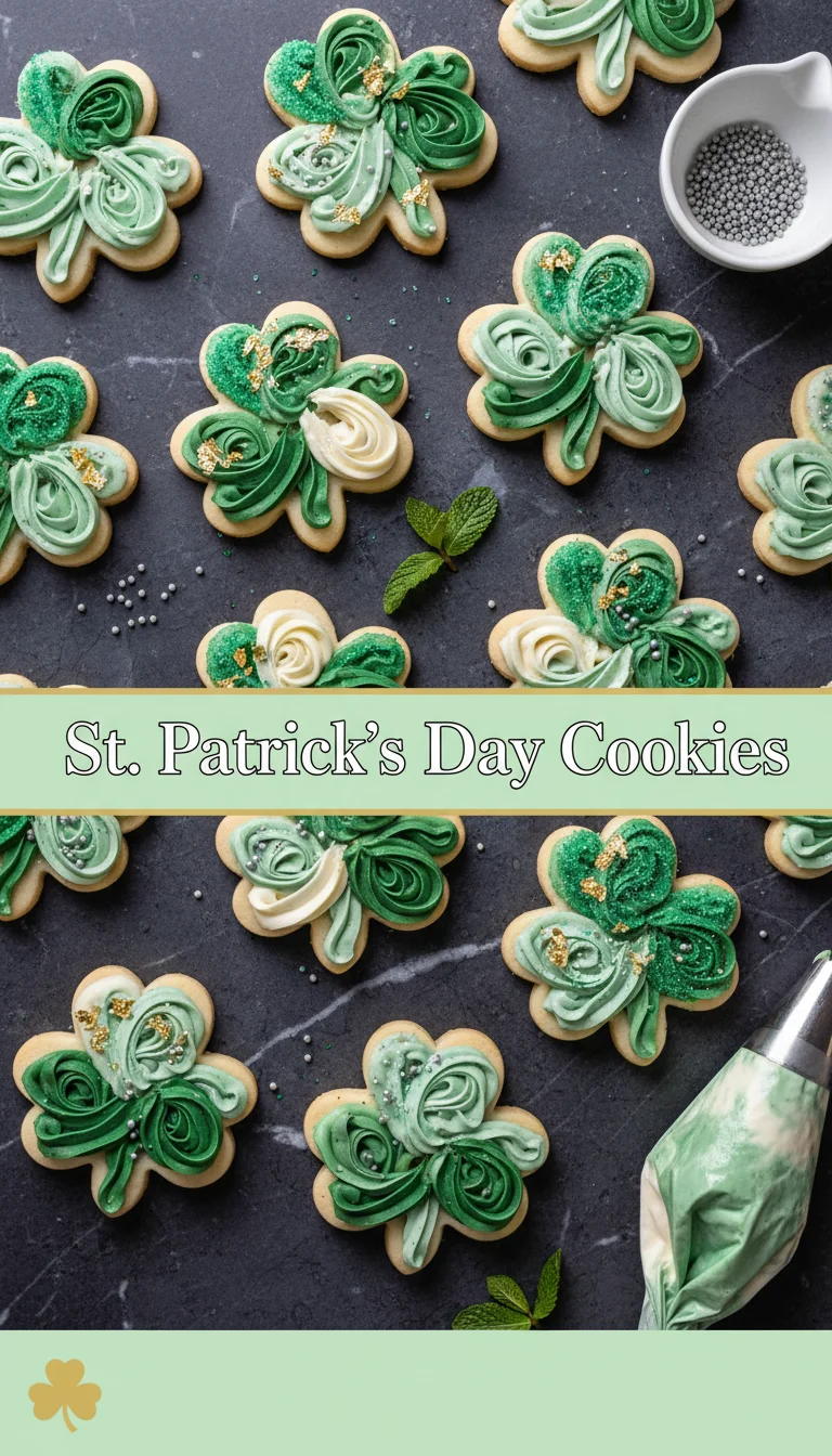 A vertical 9:16 layout with a split-screen design. The top half shows an action shot of preparing St. Patrick’s Day Cookies, while the bottom shows the beautifully plated final result. A clean white rectangular text box in the center reads 'St. Patrick’s Day Cookies' in a bold font.