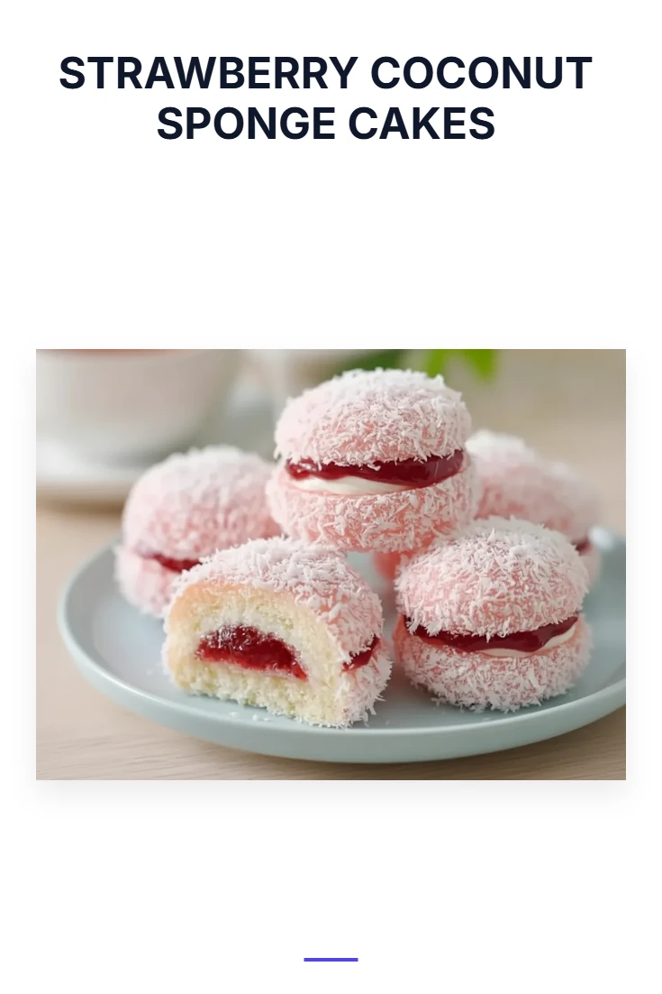 A vertical Pinterest template featuring the text Strawberry Coconut Sponge Cakes at the top. Below, a golden-brown sponge cake is topped with whipped cream, juicy red strawberries, and toasted coconut flakes for a March Madness celebration.