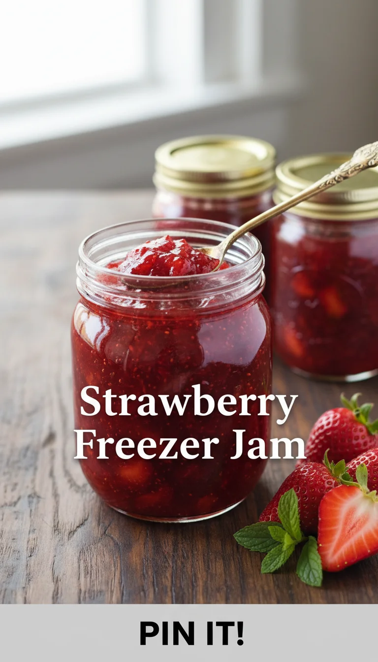 A vertical 9:16 layout. The top 20% is a clean solid header band containing the text 'STRAWBERRY FREEZER JAM' in a bold, professional font. The remaining 80% is a high-quality, professional hero shot of Strawberry Freezer Jam.