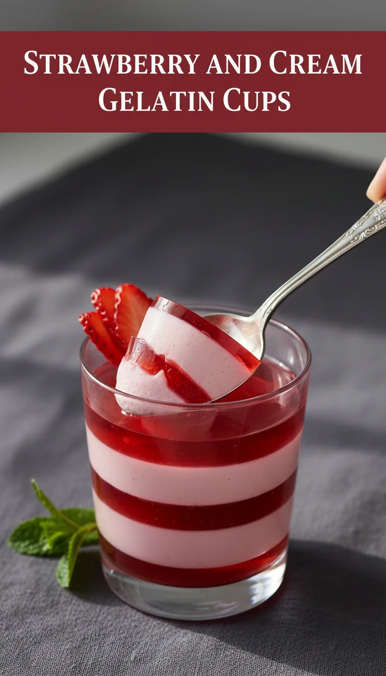 A vertical 9:16 layout featuring the title STRAWBERRY AND CREAM GELATIN CUPS in bold font on top, with a professional hero shot of this bariatric gelatin recipe below.