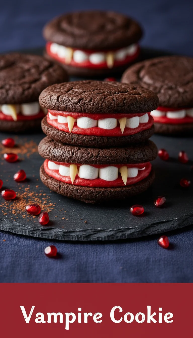 A vertical 9:16 layout split-screen design. The top half shows a preparation detail of a Vampire Cookie being crafted. The bottom half shows the beautifully plated final Vampire Cookie. In the center is a clean white rectangular box with a border containing the text 'Vampire Cookie' in a bold font.