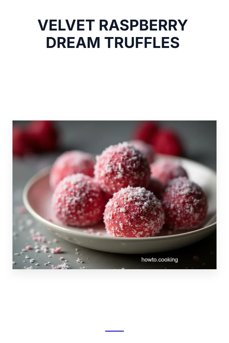 A unified vertical template with the text Velvet Raspberry Dream Truffles at the top. Below is a feature image of velvety truffles dusted with cocoa, revealing a bright raspberry center, perfect for March Madness.