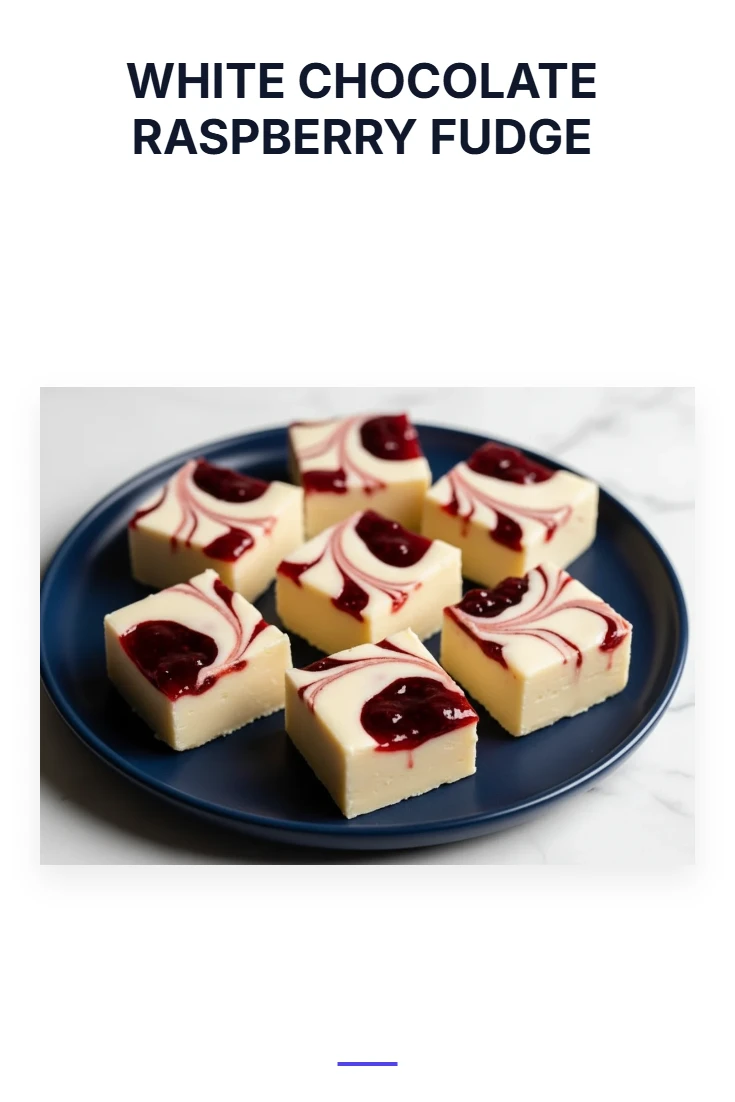 A vertical pin template featuring 'White Chocolate Raspberry Fudge' text at the top. Below is a luscious photo of creamy white chocolate fudge with vibrant raspberry swirls for March Madness.