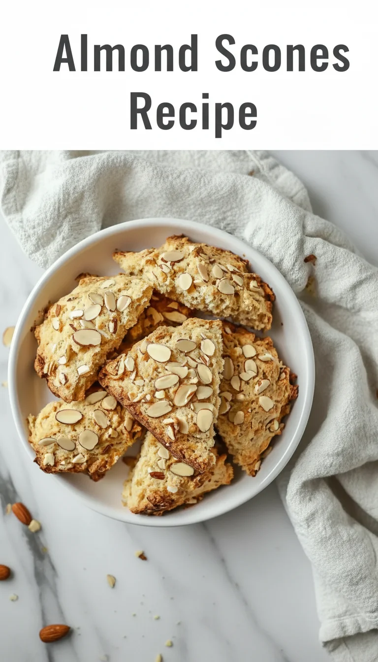 Vertical Pinterest pin with the text 'Almond Scones Recipe' at the top and a professional photograph of Almond Scones Recipe below it, perfect for a cozy morning or nostalgic afternoon tea.