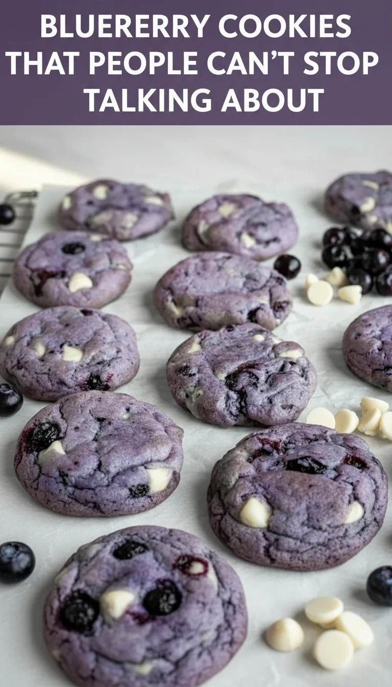 A vertical split layout containing two pictures of golden-brown treats with the main keyword 'Blueberry Cookies That People Can’t Stop Talking About' in the center. The images showcase these luscious spring cookies bursting with fresh, juicy berries.