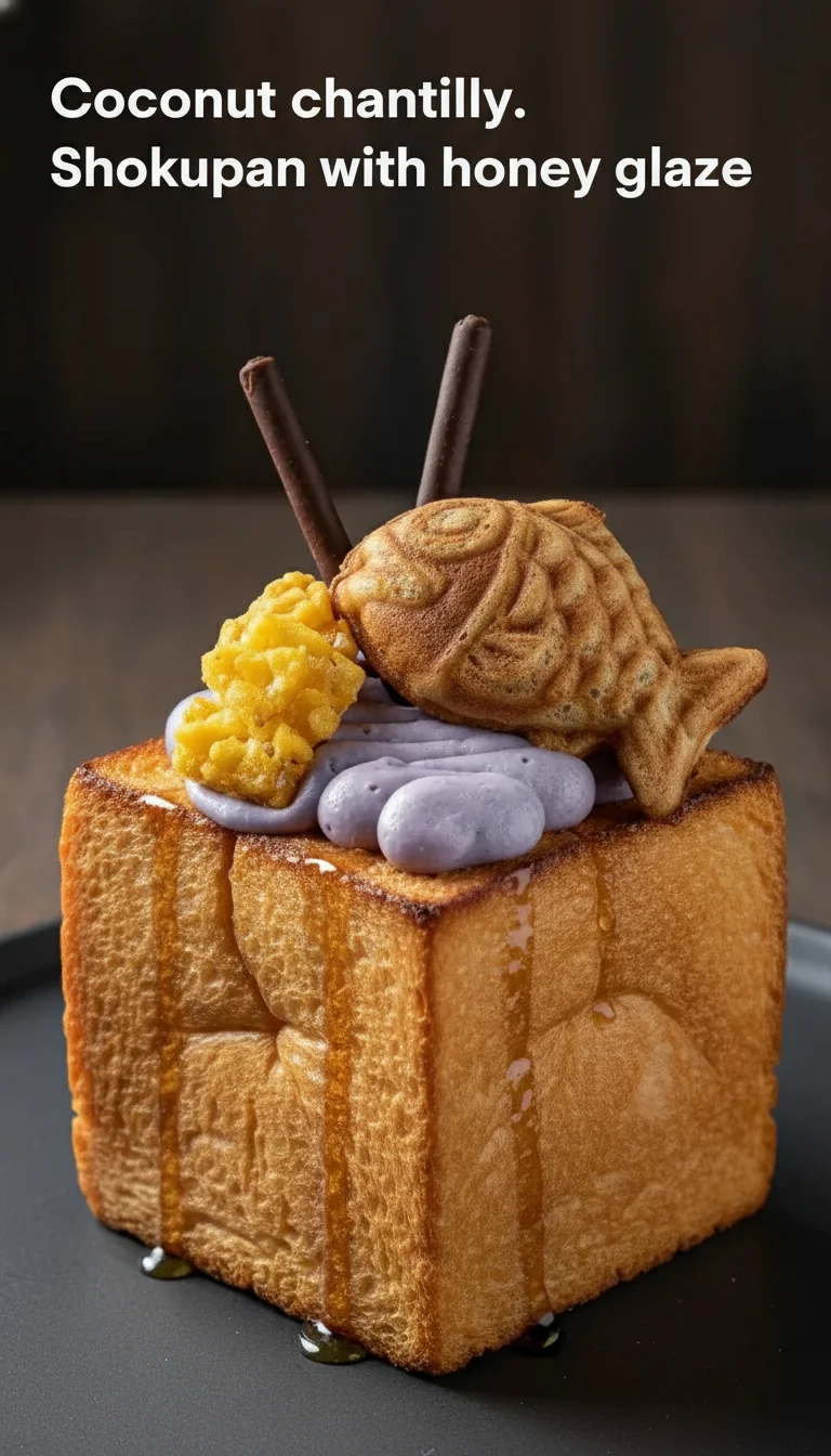 Vertical Pinterest pin with the text 'Coconut chantilly. Shokupan with honey glaze' at the top and a professional photograph of Coconut chantilly. Shokupan with honey glaze below it.