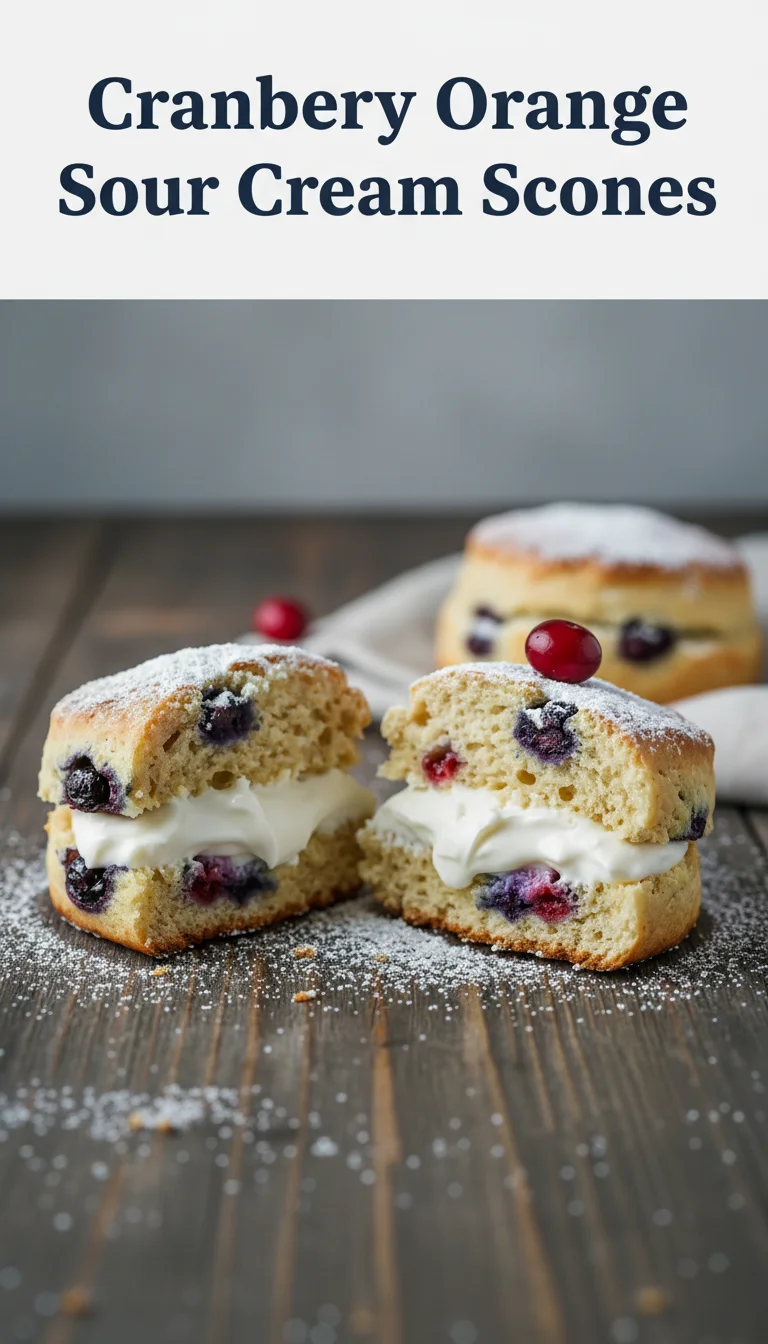 Vertical Pinterest pin with the text 'Cranberry Orange Sour Cream Scones' at the top and a professional photograph of Cranberry Orange Sour Cream Scones below it, perfect for a cozy festive brunch.