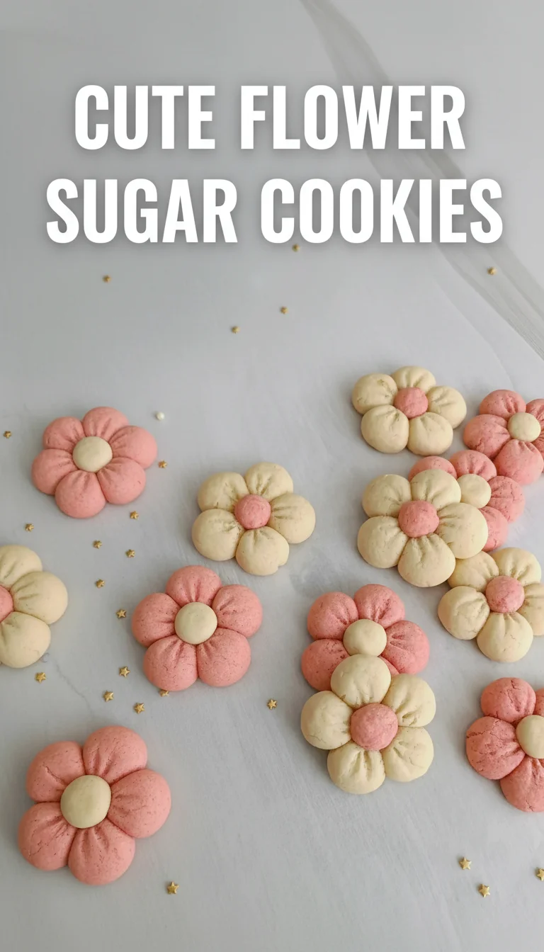 A vertical split layout containing two pictures of soft, pastel-colored Cute Flower Sugar Cookies with the main keyword 'Cute Flower Sugar Cookies' in the center. These spring cookies look freshly baked and appetizing.