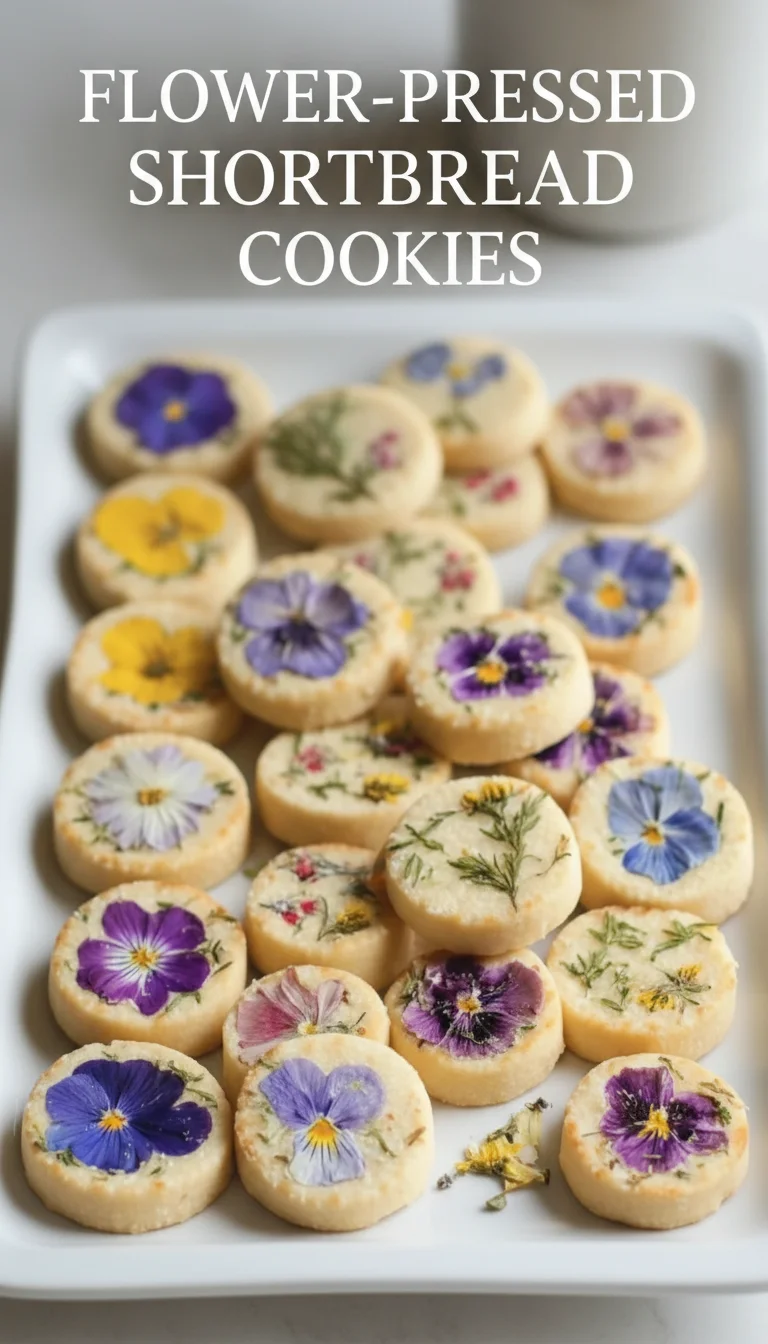 A vertical split layout containing two pictures with the main keyword 'Flower-Pressed Shortbread Cookies' in the center. Top: golden shortbread with delicate petals. Bottom: a stack of spring cookies.