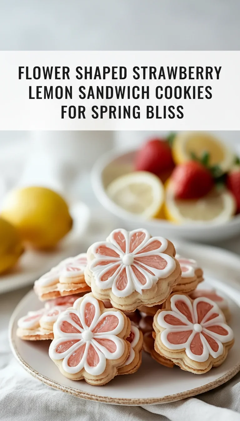 A vertical split layout containing two pictures with the main keyword 'Flower Shaped Strawberry Lemon Sandwich Cookies for Spring Bliss' in the center. The images show delicate, golden flower-shaped cookies filled with a vibrant strawberry cream and zesty lemon, creating the ultimate spring cookies.