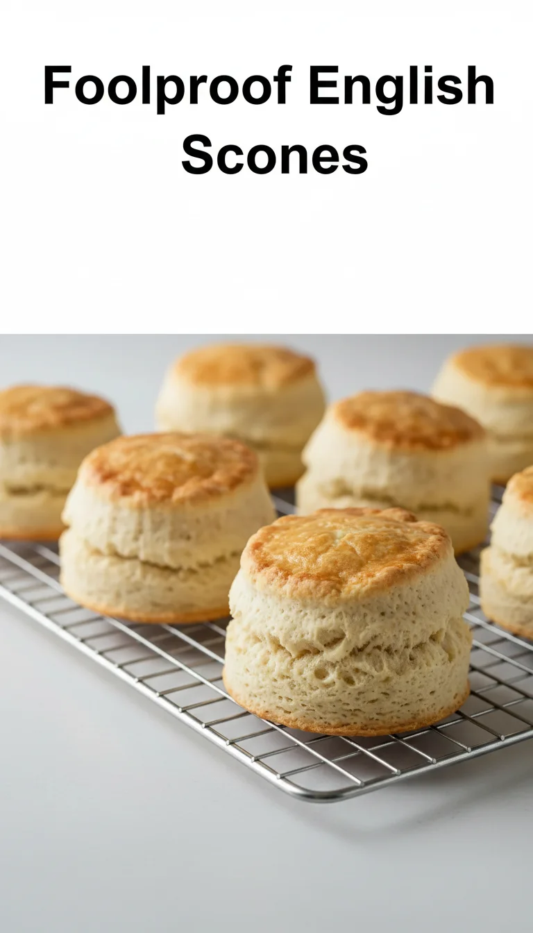 Vertical Pinterest pin with the text 'Foolproof English Scones' at the top and a professional photograph of Foolproof English Scones below it.