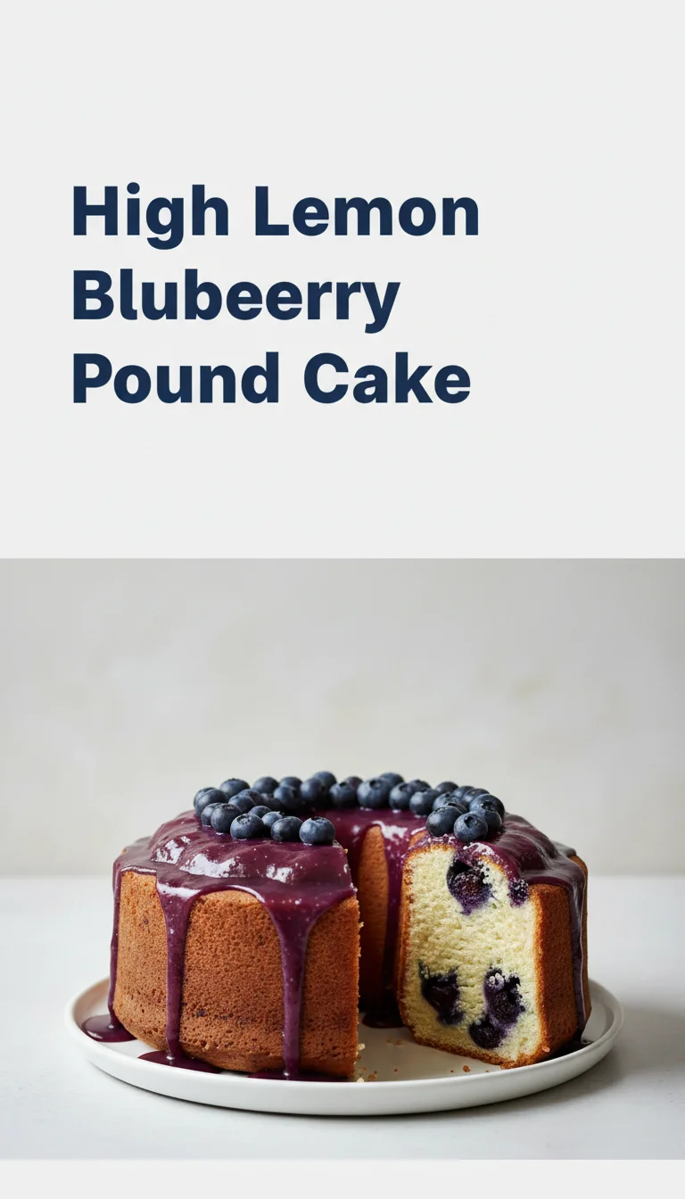 Vertical Pinterest pin with the text 'High Lemon Blueberry Pound Cake' at the top and a professional photograph of High Lemon Blueberry Pound Cake below it.