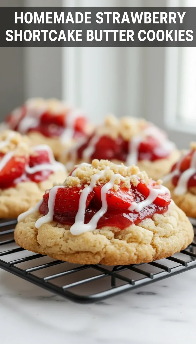 A vertical split layout containing two pictures with the main keyword 'Homemade Strawberry Shortcake Butter Cookies' in the center. The images showcase golden, buttery cookies bursting with fresh strawberry flavor, a perfect treat for spring cookies.