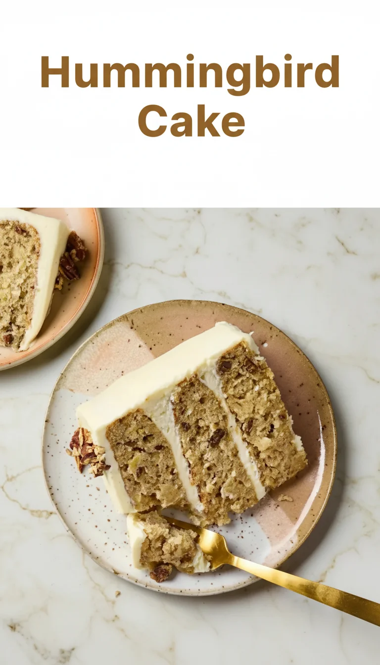 Vertical Pinterest pin with the text 'Hummingbird Cake' at the top and a professional photograph of a moist Hummingbird Cake with cream cheese frosting below it.