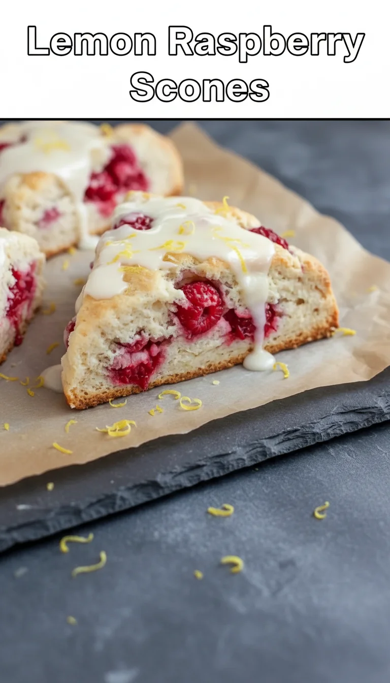 Vertical Pinterest pin with the text 'Lemon Raspberry Scones' at the top and a professional photograph of Lemon Raspberry Scones below it.