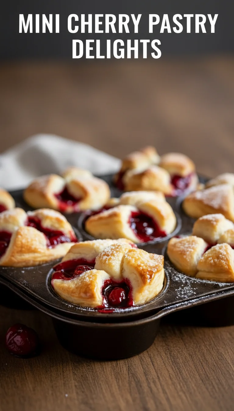 A vertical split layout containing two pictures with the main keyword 'Mini Cherry Pastry Delights' in the center. The top image shows golden, flaky pastries bursting with a ruby-red cherry filling, while the bottom captures the delicate dusting of powdered sugar over these warm treats, perfect for a soulful gathering.