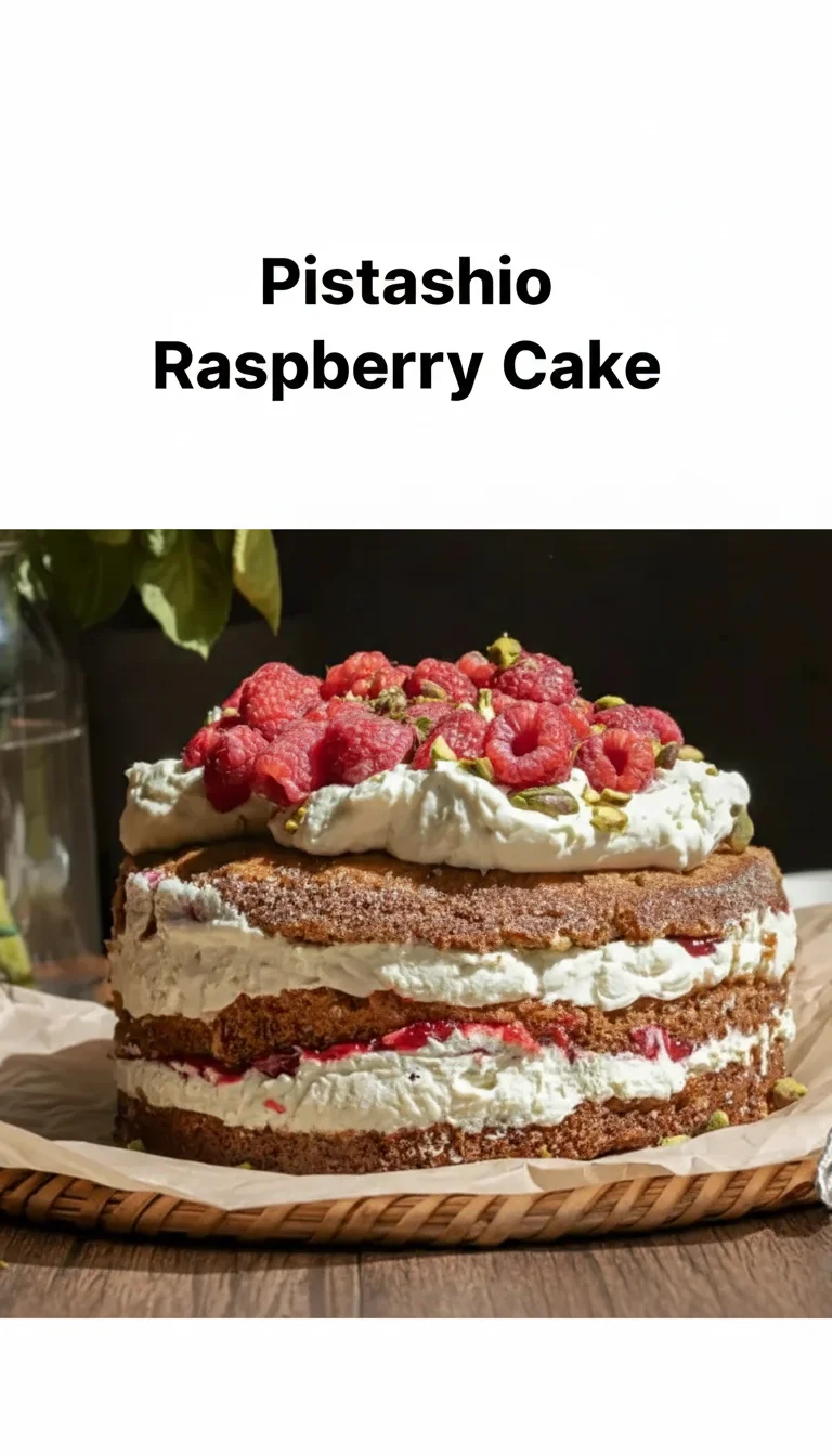 Vertical Pinterest pin with the text 'Pistachio Raspberry Cake' at the top and a professional photograph of Pistachio Raspberry Cake below it.
