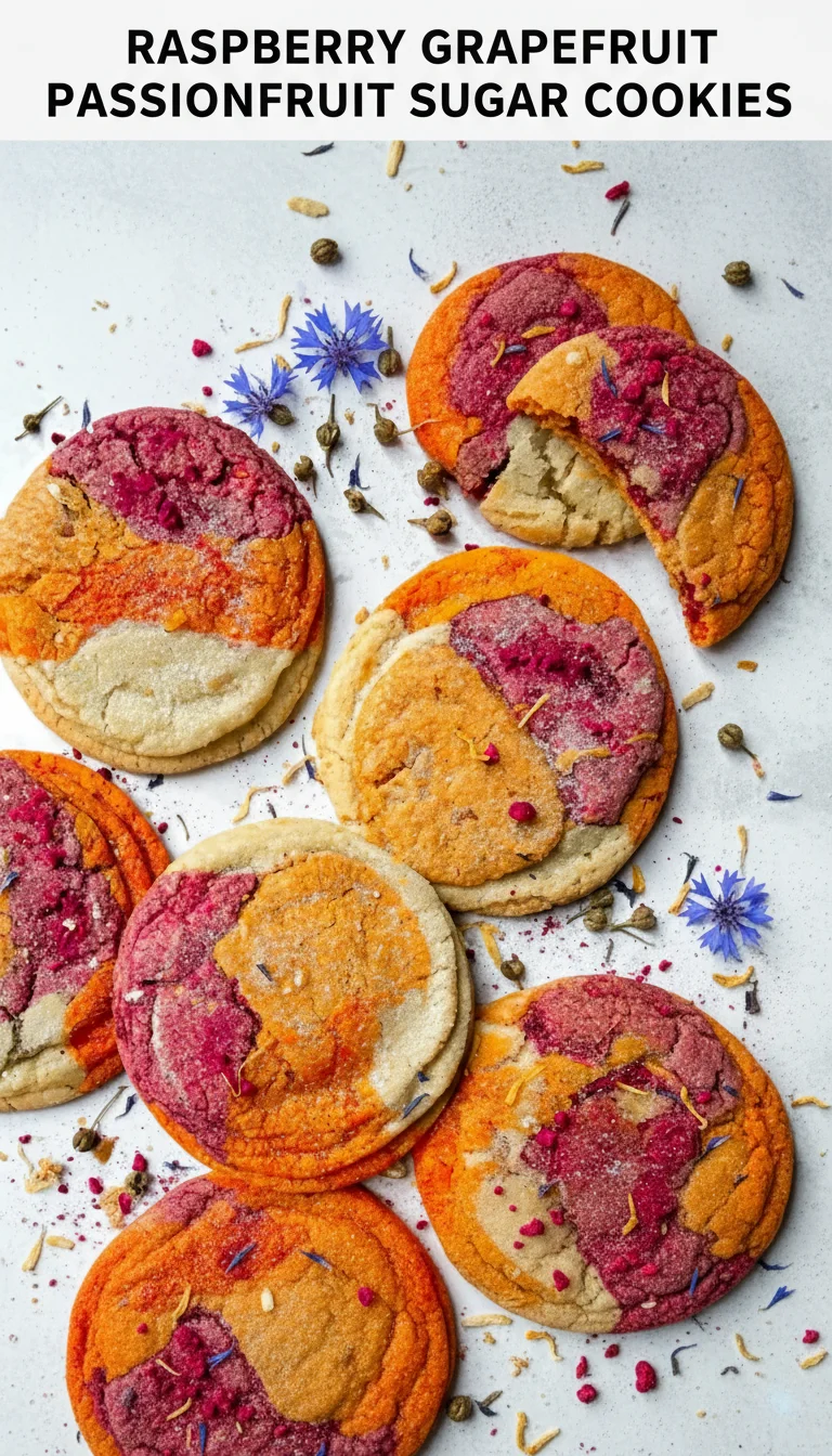 A vertical split layout containing two pictures of vibrant Raspberry Grapefruit Passionfruit Sugar Cookies with the main keyword in the center. The images showcase these colorful spring cookies with a luscious tropical glaze.