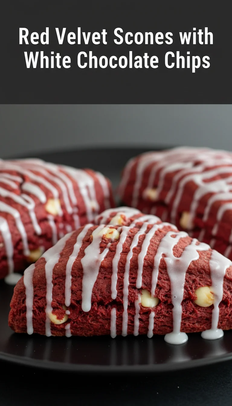 Vertical Pinterest pin with the text 'Red Velvet Scones with White Chocolate Chips' at the top and a professional photograph of Red Velvet Scones with White Chocolate Chips below it. Ideal for a romantic breakfast.