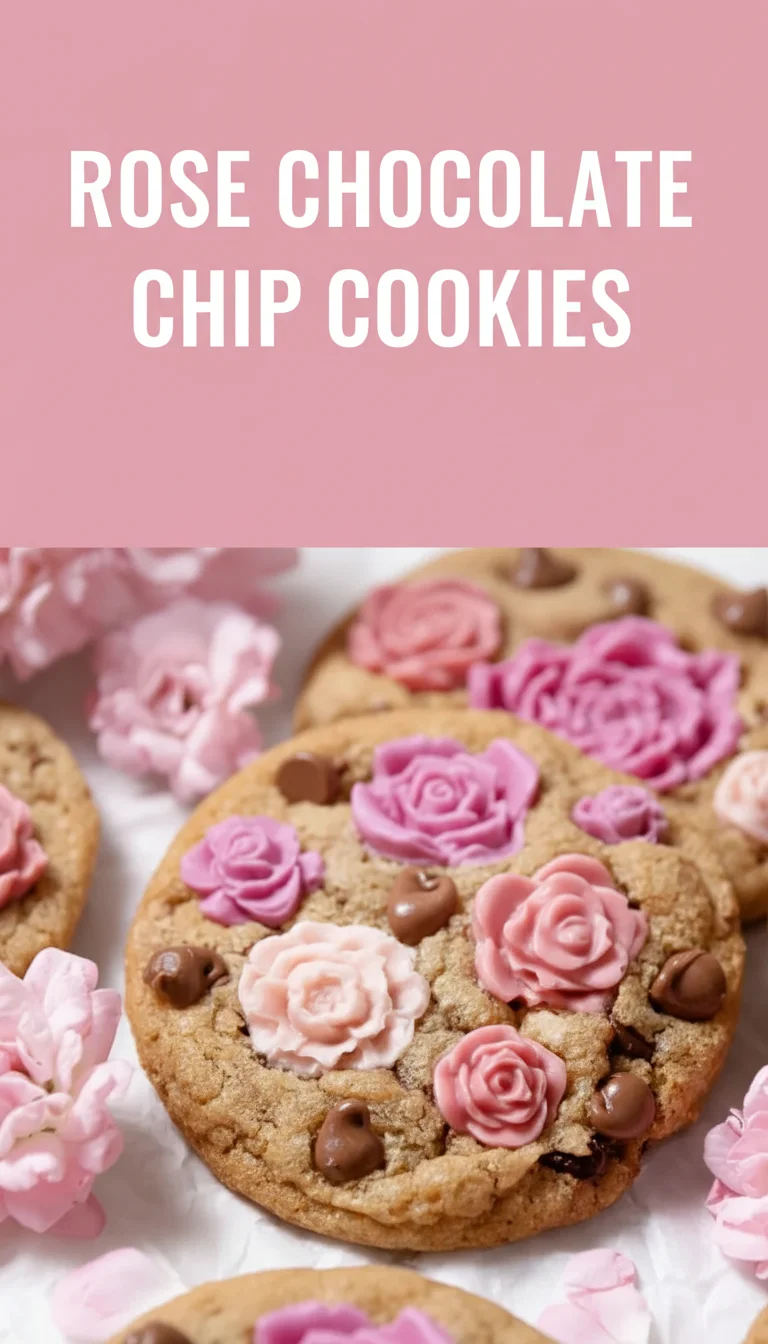 A vertical split layout with Rose Chocolate Chip Cookies in the center. The images show golden, soft cookies with pools of chocolate and rose petals, perfect for spring cookies.