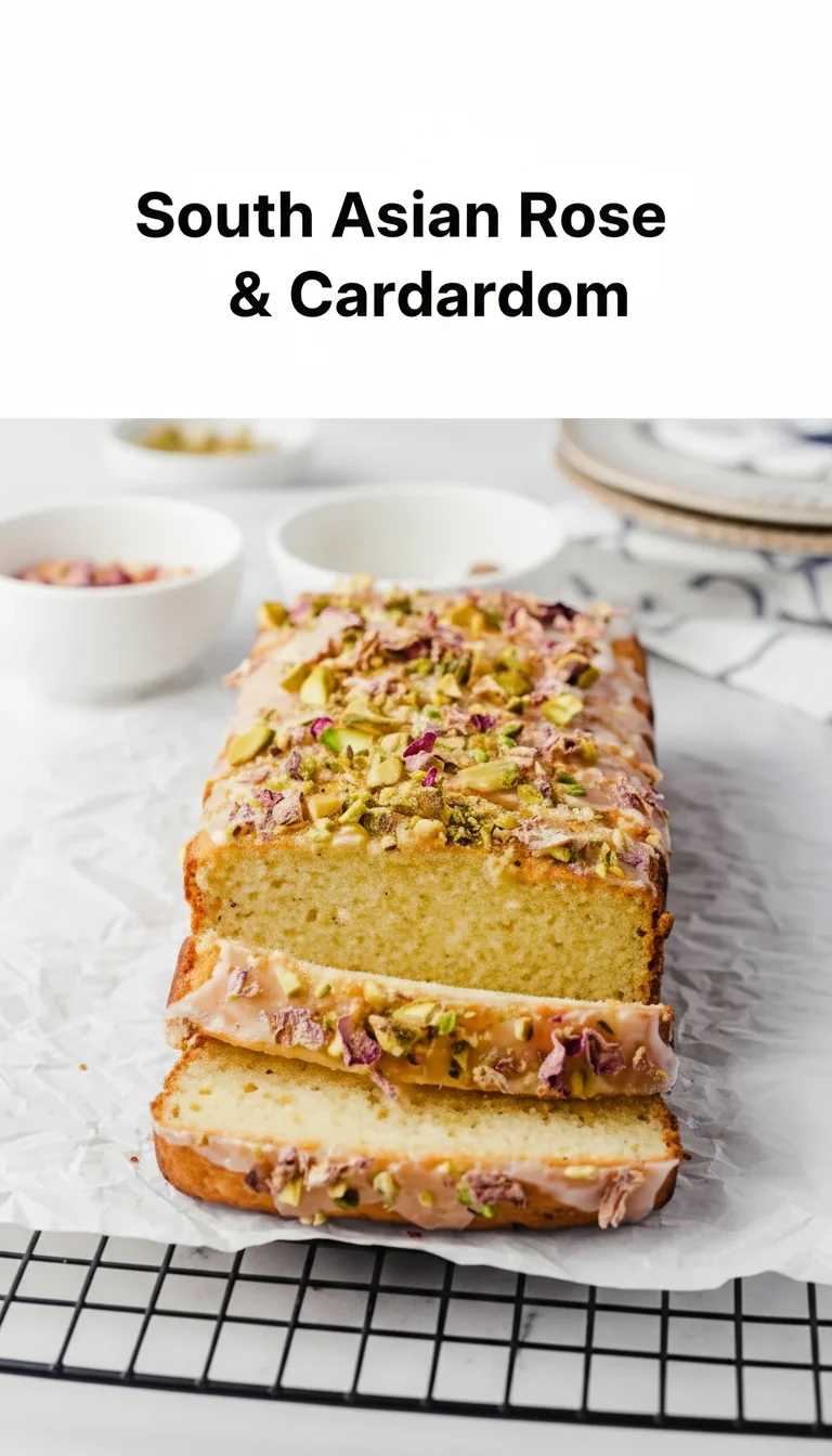 Vertical Pinterest pin with the text 'South Asian Rose & Cardamom' at the top and a professional photograph of South Asian Rose & Cardamom below it.