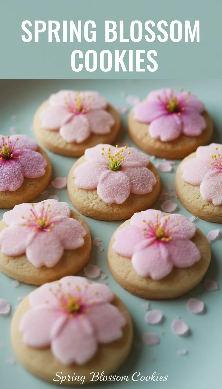 A vertical split layout containing two pictures with the main keyword 'Spring Blossom Cookies' in the center. The top image shows soft, pastel-colored cookies with edible petals, while the bottom displays a rustic garden party plate filled with these delightful spring cookies.