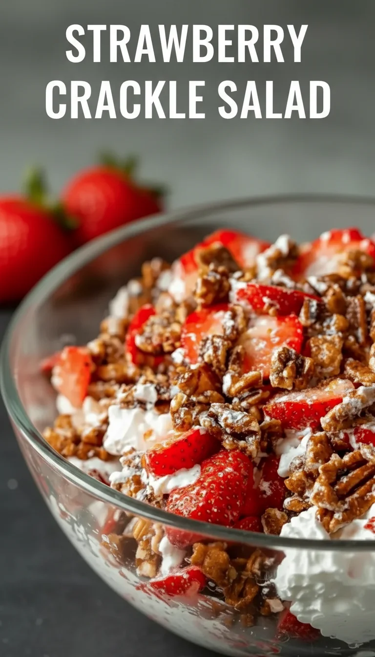 A vertical split layout featuring two stunning photos of a creamy Strawberry Crackle Salad, with the recipe title centered. The top shows fresh strawberries and the bottom captures the crunchy topping, perfect for a summer picnic.