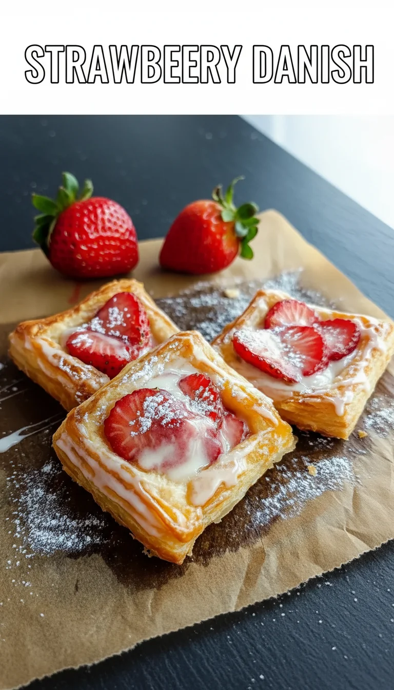 A vertical split layout containing two pictures with the main keyword 'Strawberry Danish' in the center. The top image shows flaky, golden-brown pastries with a glistening strawberry center, and the bottom shows a close-up of the delicate glaze being drizzled over the fruit.