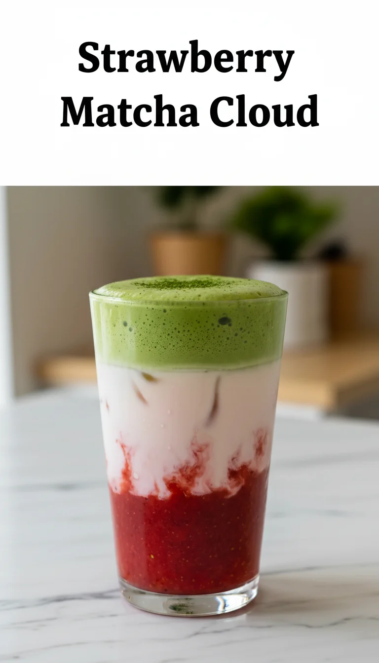 Vertical Pinterest pin with the text 'Strawberry Matcha Cloud' at the top and a professional photograph of Strawberry Matcha Cloud below it, featuring the layered green and pink aesthetic.