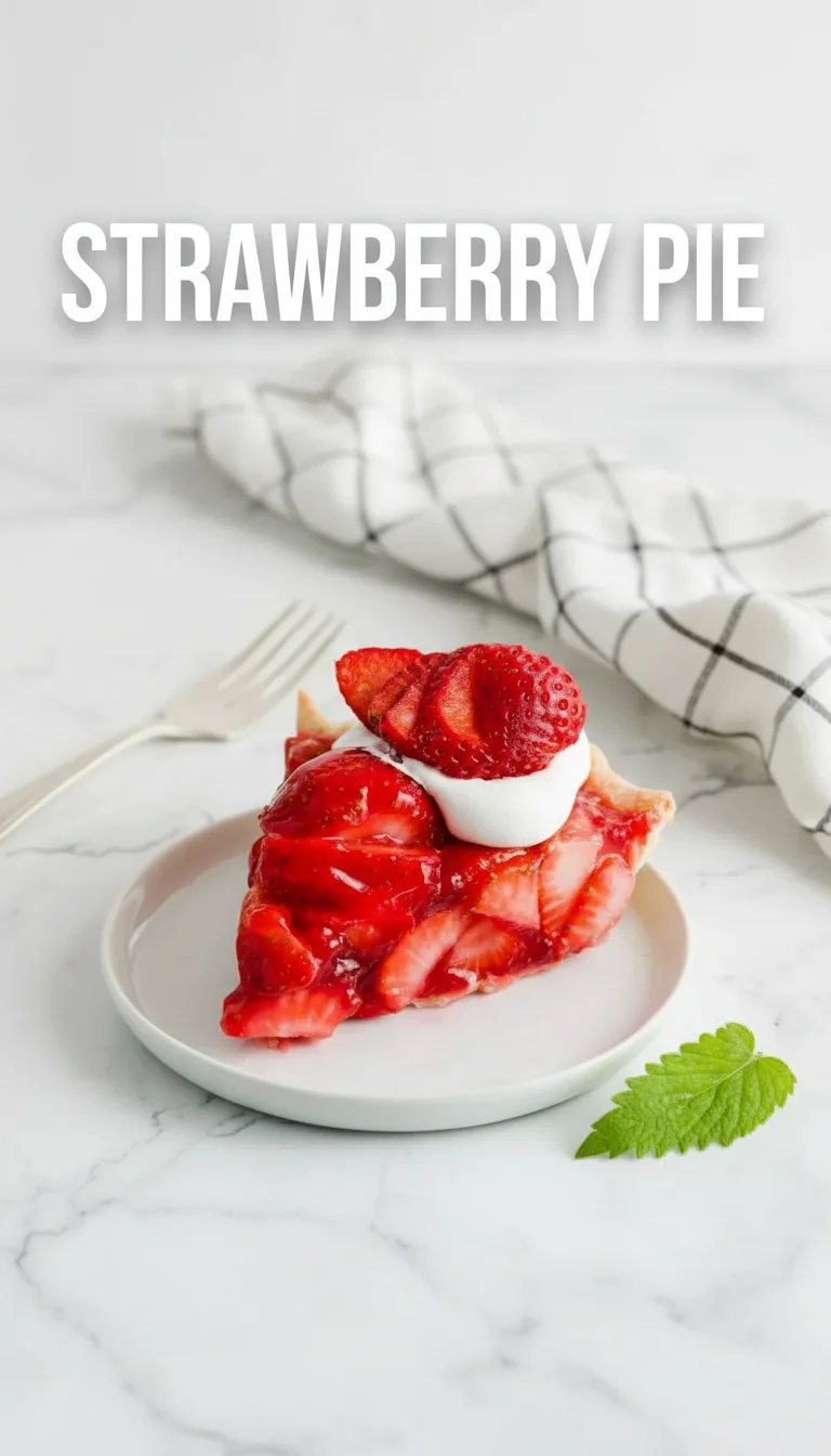 A vertical split layout containing two pictures with the main keyword 'Strawberry Pie' in the center. The top shows a golden, flaky pie crust filled with glistening, ruby-red glazed strawberries, while the bottom captures a generous slice served on a vintage ceramic plate for a summer gathering.