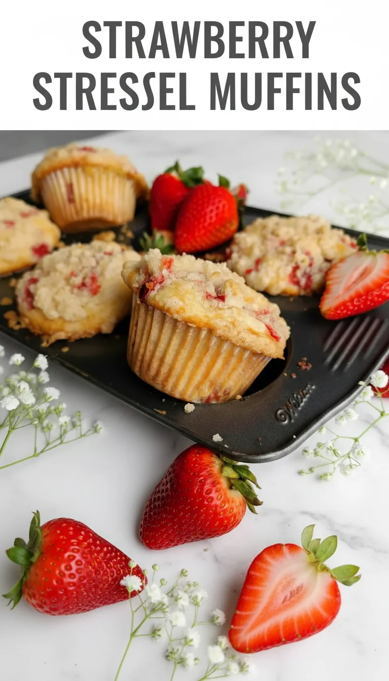 A vertical split layout containing two pictures of warm, golden Strawberry Streusel Muffins with a buttery crumb topping and juicy berry pockets. The keyword Strawberry Streusel Muffins is centered.