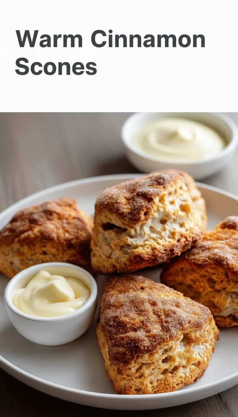 Vertical Pinterest pin with the text 'Warm Cinnamon Scones' at the top and a professional photograph of Warm Cinnamon Scones below it.