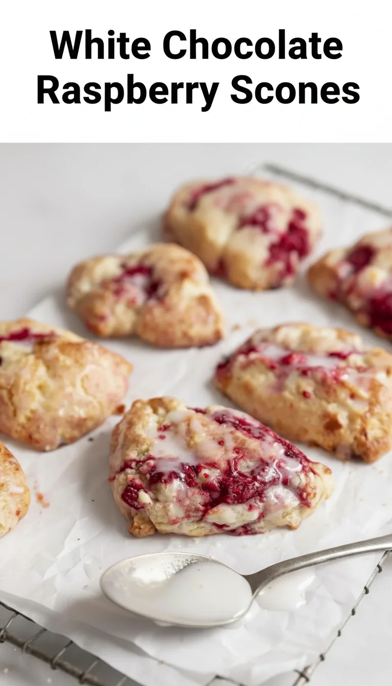 Vertical Pinterest pin with the text 'White Chocolate Raspberry Scones' at the top and a professional photograph of White Chocolate Raspberry Scones below it.