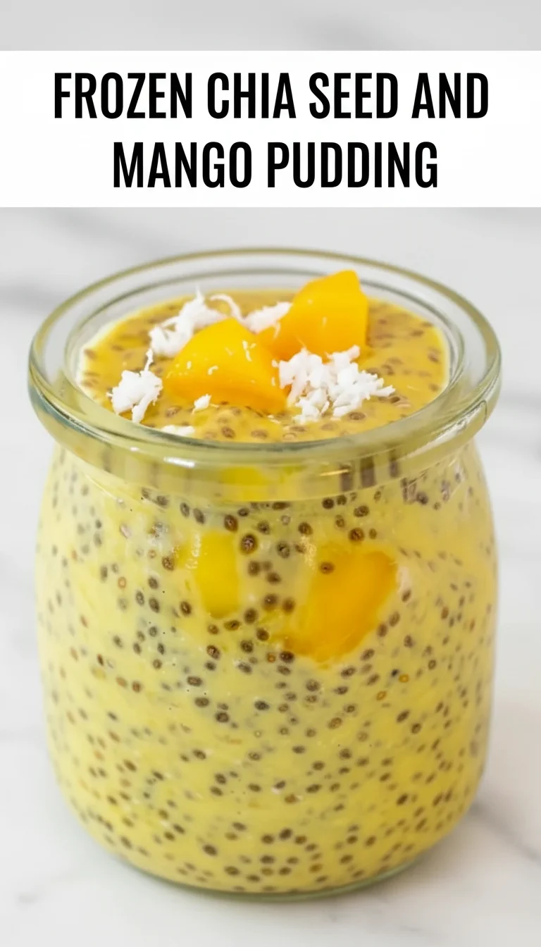 Vertical split layout containing two pictures with the main keyword 'frozen chia seed and mango pudding' in the center. Vibrant golden mango swirls meet chilled chia pearls in these easy summer meals.