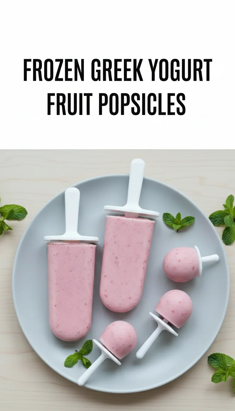 A vertical split layout containing two pictures with the main keyword 'frozen greek yogurt fruit popsicles' in the center. The images showcase creamy, berry-swirled treats for easy summer meals.
