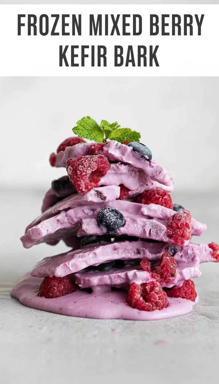 A vertical split layout containing two pictures with the main keyword 'frozen mixed berry kefir bark' in the center. The images show creamy kefir bark studded with vibrant, icy berries for easy summer meals.