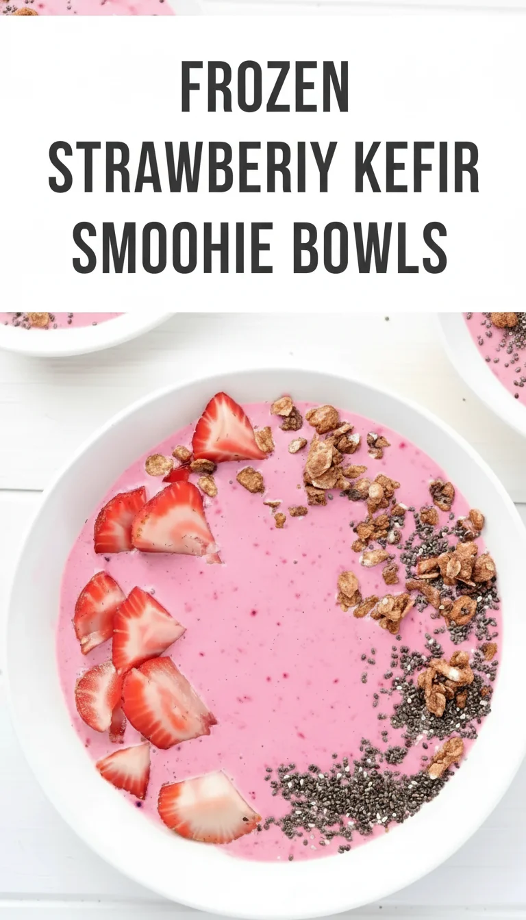 A vertical split layout containing two pictures with the main keyword 'frozen strawberry kefir smoothie bowls' in the center, featuring luscious, chilled bowls topped with vibrant summer fruit.