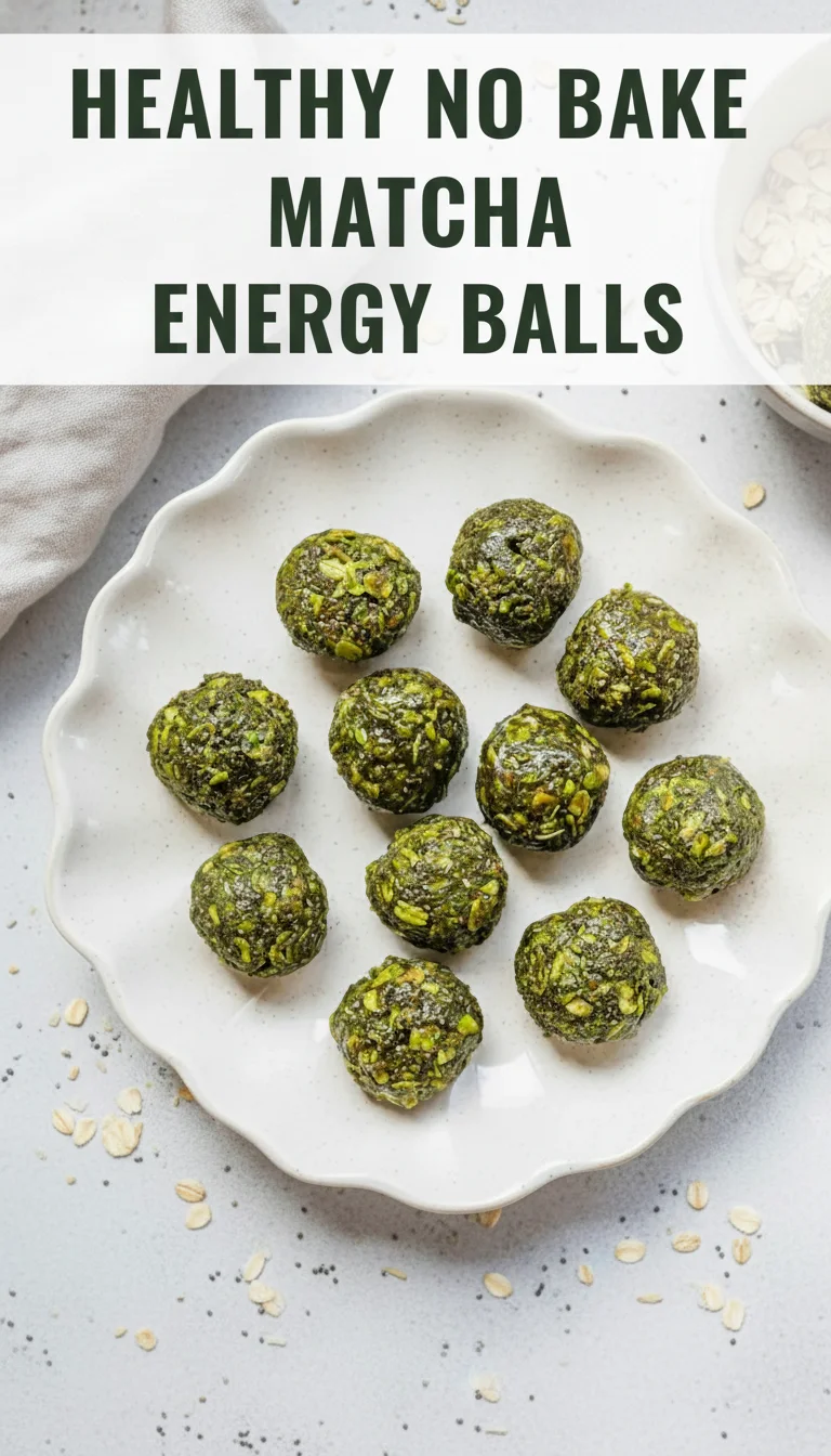 A vertical split layout containing two pictures with the main keyword 'healthy no bake matcha energy balls' in the center. The images showcase vibrant green, earthy bites, perfectly prepped for easy summer meals.