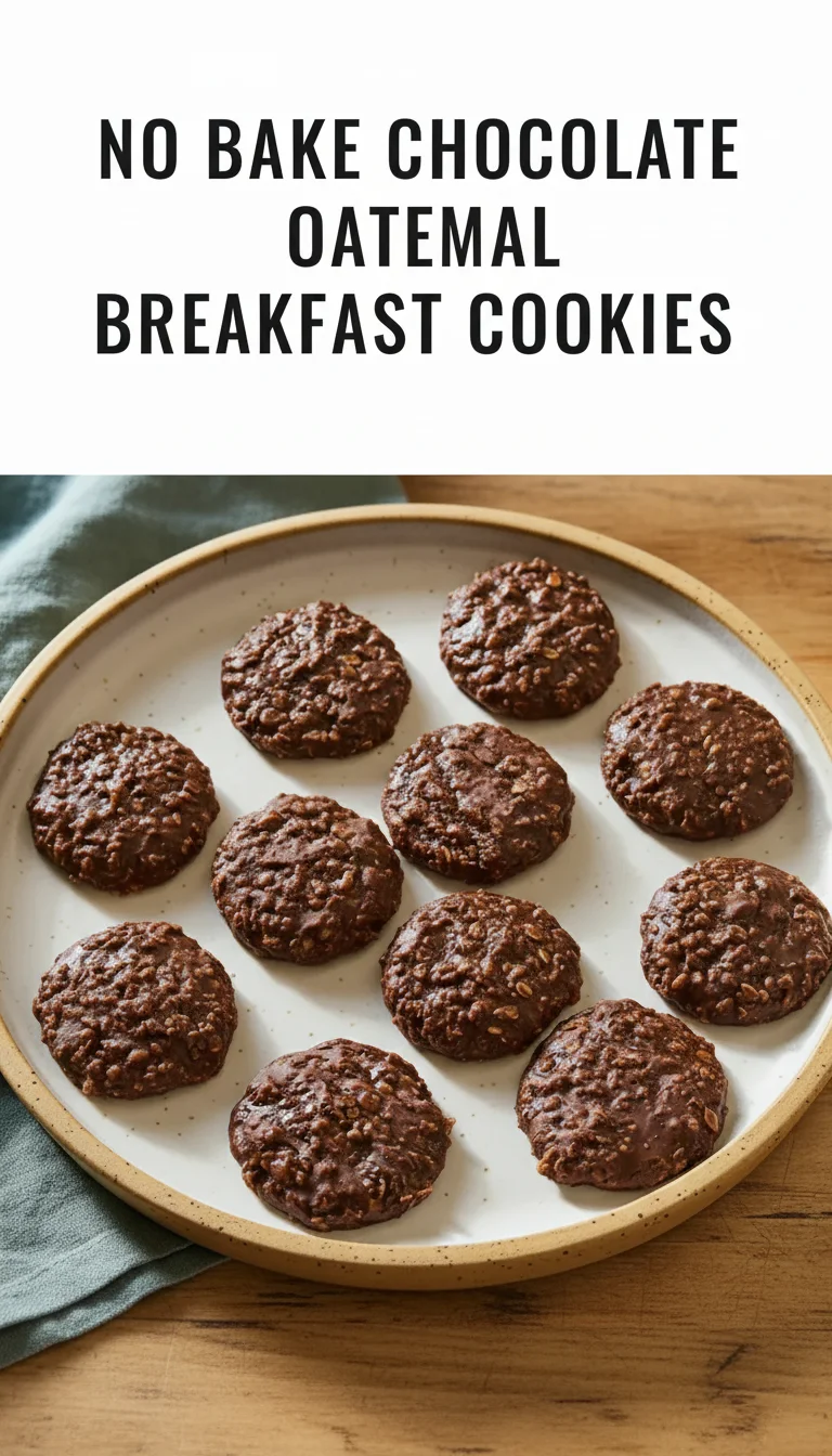 A vertical split layout image featuring two photos of chewy, rich no bake chocolate oatmeal breakfast cookies with the main keyword text in the center. An appetizing choice for easy summer meals.