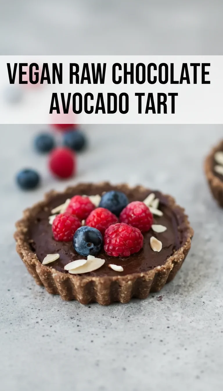 Vertical split layout containing two pictures with the main keyword 'vegan raw chocolate avocado tart' in the center. The image features a luscious, velvety dark chocolate filling set in a rustic nutty crust, perfect for refreshing and easy summer meals.