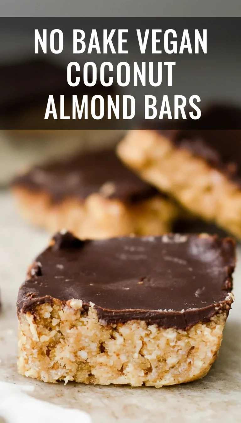 A vertical split layout containing two pictures with the main keyword 'no bake vegan coconut almond bars' in the center. Top and bottom images feature lush, coconut-topped bars for easy summer meals.